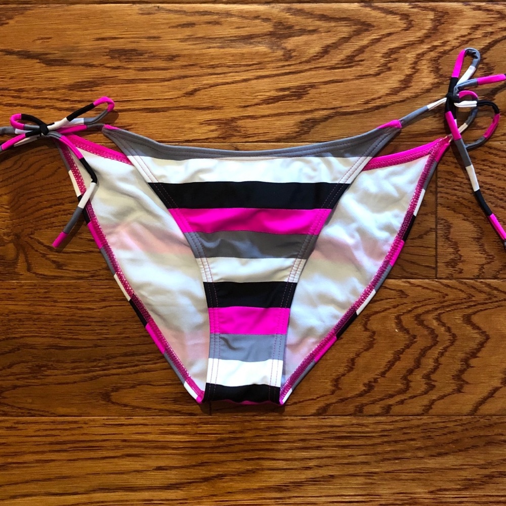 Pink striped string bikini bottoms with ruching